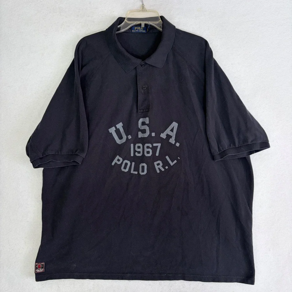 Polo Ralph Lauren Polo Shirt Mens 4XB Black USA 1967 Graphic Logo Raglan Sleeve